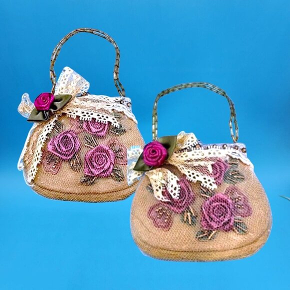 1990s Victorian Purse Ornaments Purple Roses Lace Tulle Beaded Handles Christmas - Picture 3 of 11
